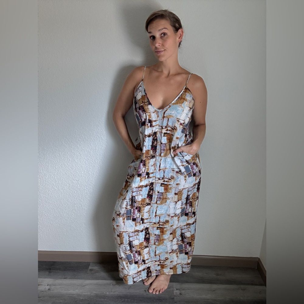 Caliah Maxi Dress Purple Blue Geometric Print Boho Pockets Small